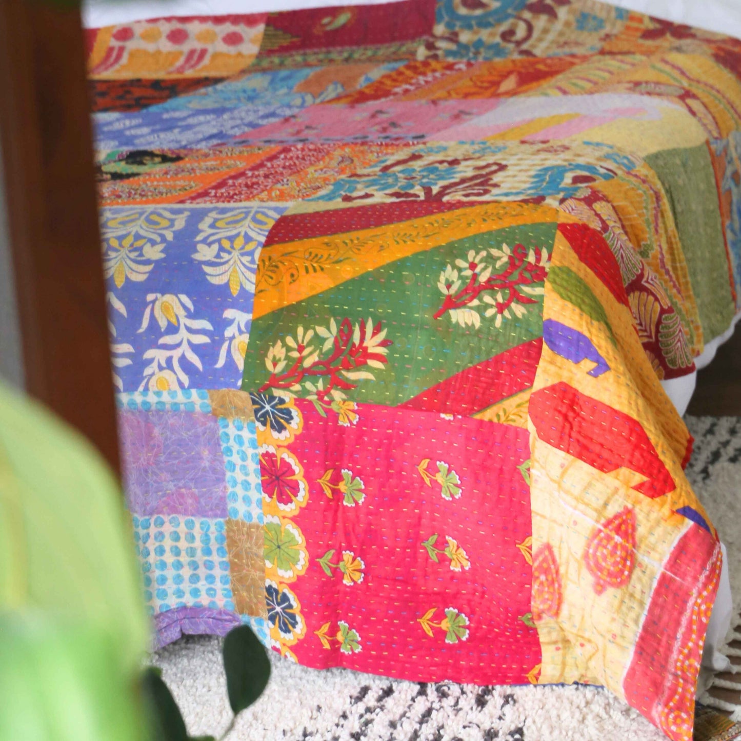 Patchwork Multicolored Sari Blanket Queen